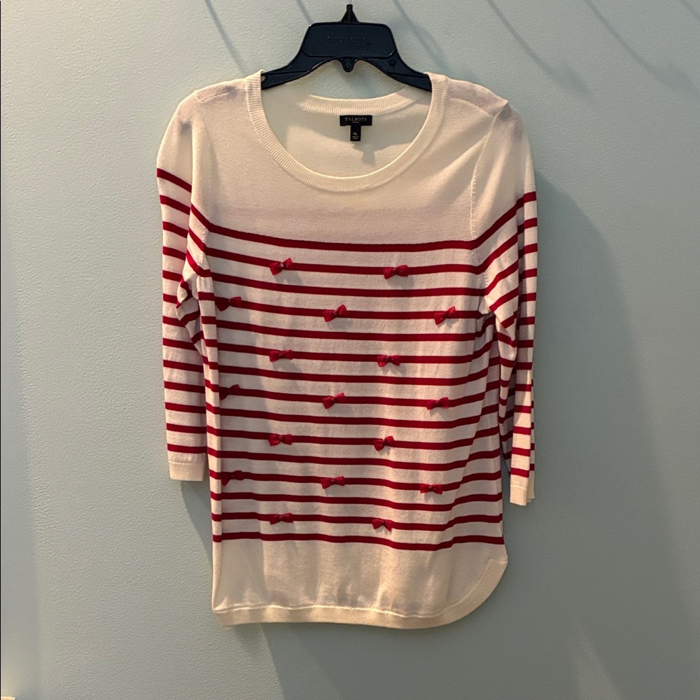 Talbots white lightweight sweater with red stripes and tiny red bows